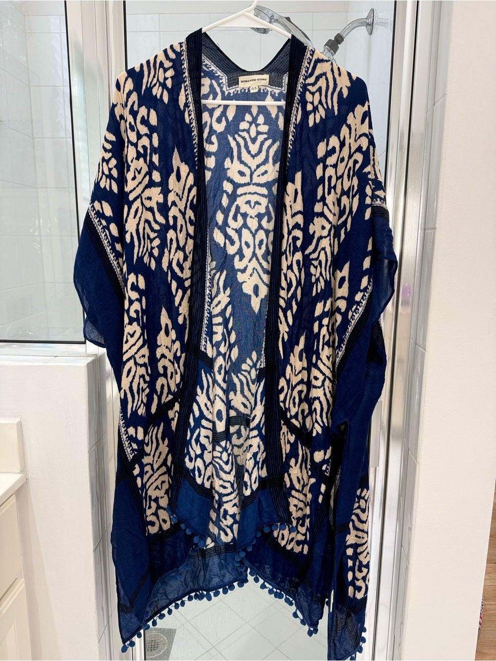 Romantic Gypsy kimono Bohemian Blue Cream Pom Poms Wrap 100% Viscose